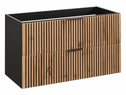 Vente-unique Mueble suspendido y lavabo encastrado + columna natural claro y negro, 60 cm, MADELA Negro / Color natural claro Discount