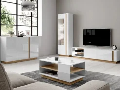 Vente-unique Mueble Tv|Mueble TV - 2 puertas y 2 estantes - Con LEDs - Blanco brillante y roble - MURARI