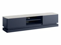 Mueble TV 2 cajones y 2 estantes con LEDs de MDF - Azul y efecto mármol blanco - DEVIKA^Vente-unique Outlet