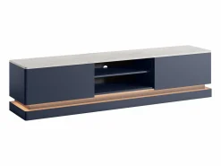 Mueble TV 2 cajones y 2 estantes con LEDs de MDF - Azul y efecto mármol blanco - DEVIKA^Vente-unique Outlet