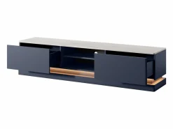 Mueble TV 2 cajones y 2 estantes con LEDs de MDF - Azul y efecto mármol blanco - DEVIKA^Vente-unique Outlet