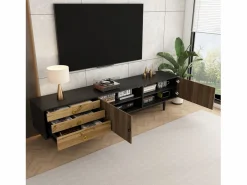 ModernLuxe Mueble Tv|Mueble TV 180×38×50 cm - 2 puertas y 3 cajones - MDF + paneles de partículas - Negro + Natural