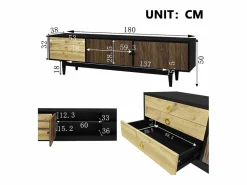 ModernLuxe Mueble Tv|Mueble TV 180×38×50 cm - 2 puertas y 3 cajones - MDF + paneles de partículas - Negro + Natural
