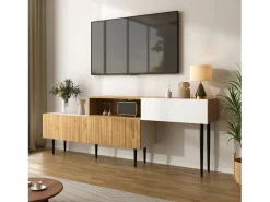 Mueble TV 220×30×63,4 cm - diseño en dos módulos - aspecto madera - blanco + natural^ModernLuxe Hot