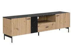 Vente-unique Mueble TV con 2 puertas, 1 cajón y 1 estante - Natural y efecto mármol negro - LIOMENA Negro / Color natural claro Outlet
