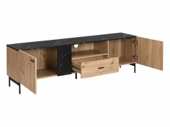 Vente-unique Mueble TV con 2 puertas, 1 cajón y 1 estante - Natural y efecto mármol negro - LIOMENA Negro / Color natural claro Outlet