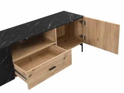 Vente-unique Mueble TV con 2 puertas, 1 cajón y 1 estante - Natural y efecto mármol negro - LIOMENA Negro / Color natural claro Outlet