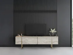 Vente-unique Mueble TV con 2 puertas - Efecto travertino y dorado - ZIRELDA Beige Clearance