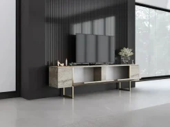 Vente-unique Mueble TV con 2 puertas - Efecto travertino y dorado - ZIRELDA Beige Clearance