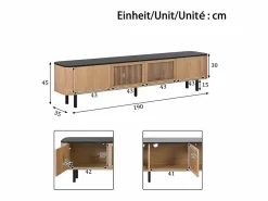 Mueble TV con 4 puertas, 190 x 35 x 45 cm - Tapa negra - Color madera clara^Hauss Spole Best