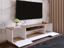 Vente-unique Mueble TV con 3 puertas y 1 hueco - Blanco y natural - LOTULA Color natural claro / Blanco Clearance