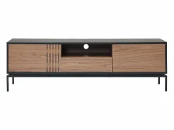 Vente-unique Mueble TV con almacenamiento chapa de nogal y metal - Natural oscuro y Negro - ZINORI Negro / Color natural oscuro Online