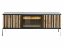 Vente-unique Mueble Tv|Mueble TV de 3 puertas con LEDs de MDF y vidrio ahumado - Natural claro y Negro - OVILA