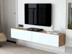 Mueble TV de pared con 2 puertas - Blanco y natural - AUBEPINA^Vente-unique Clearance