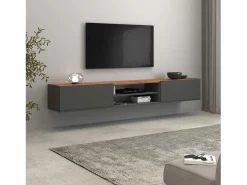 Mueble Tv|Mueble TV Garda con 2 puertas y 1 estante central, color antracita mate y roble, 210 x 35 x 30 cm