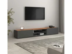 Mueble Tv|Mueble TV Garda con 2 puertas y 1 estante central, color antracita mate y roble, 210 x 35 x 30 cm