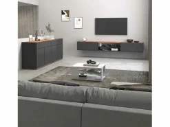 Mueble Tv|Mueble TV Garda con 2 puertas y 1 estante central, color antracita mate y roble, 210 x 35 x 30 cm