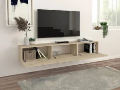 Vente-unique Mueble TV suspendido con 3 puertas - Efecto travertino - VIKILA Beige Outlet