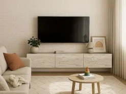 Vente-unique Mueble TV suspendido con 3 puertas - Efecto travertino - VIKILA Beige Outlet
