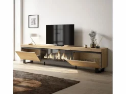 Skraut Home Mueble Tv|Mueble TV, Televisión, 267x35x57cm, Para TV gran formato, Chimenea eléctrica XXL, Diseño industrial, Roble
