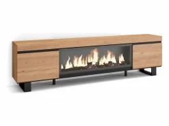 Skraut Home Mueble Tv|Mueble TV, Televisión, 208x35x57cm, Para TV hasta 80", Chimenea eléctrica XXL, Diseño industrial, Roble