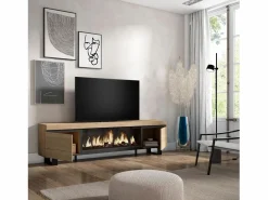 Skraut Home Mueble Tv|Mueble TV, Televisión, 208x35x57cm, Para TV hasta 80", Chimenea eléctrica XXL, Diseño industrial, Roble