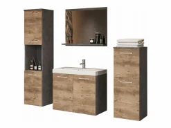 Muebles de baño, conjunto colgante con lavabo, espejo y 2 columnas, cuerpo matera frentes castaño mate Multicolor Best
