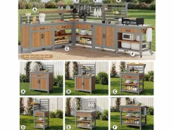 Merax Muebles de jardín móviles - 403,8 x 134,4 x 148,5 cm - con fregadero + grifo + cajones + puertas - madera - natural Color natural claro Clearance