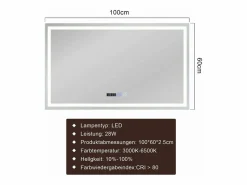 Espejo de baño con luz LED - 100x60 cm LED, IP44, interruptor táctil, reloj antineblina, ajustable^NETTLIFE New