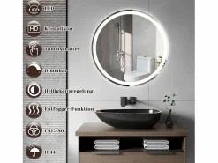 NETTLIFE Espejo de baño con luz LED - Redondo 50 cm LED, mural, interruptor táctil, antineblina, IP44, ajustable 3000K-6500K Transparente Clearance