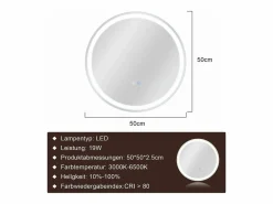 NETTLIFE Espejo de baño con luz LED - Redondo 50 cm LED, mural, interruptor táctil, antineblina, IP44, ajustable 3000K-6500K Transparente Clearance