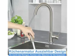 NETTLIFE Grifo De Cocina|Grifo de cocina con ducha de mano extensible, alta presión, acero inoxidable de doble chorro y giratorio 360 °, níquel
