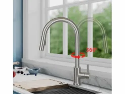 NETTLIFE Grifo De Cocina|Grifo de cocina con ducha de mano extensible, alta presión, acero inoxidable de doble chorro y giratorio 360 °, níquel