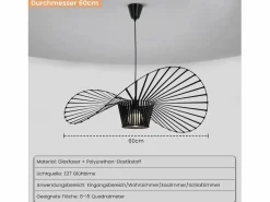 NETTLIFE Lámpara Suspendida|Lámpara Colgante Negra E27 Moderna Diam.60cm Diseño Sombrero Policarbonato Máx.40W para Salón Comedor Cocina, Sin Bombilla