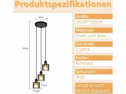 NETTLIFE Lámpara Suspendida|Lámpara Colgante Vidrio Diam.26cm E27 Sala de Estar 3 Bombillas Lámpara de Vintage Lámpara Industrial Regulable en Altura
