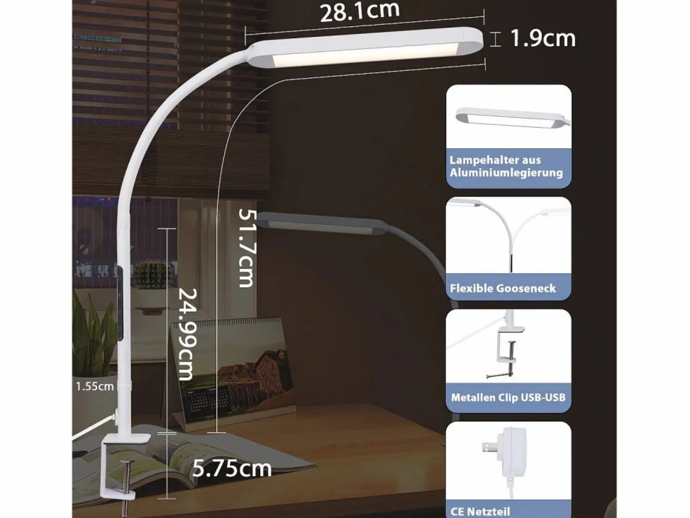 NETTLIFE Lámpara de escritorio LED regulable con enchufe , 5 niveles de brillo, 11 W, flexible, con función de temporizador de luz nocturna. Blanco Discount