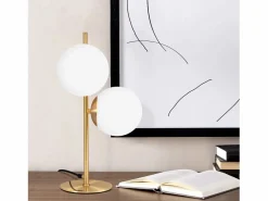 lámpara de mesa / lámpara de cabecera moderna y industrial dorada, 2 bombillas con interruptor, diseño de metal y vidrio , E27.^NETTLIFE