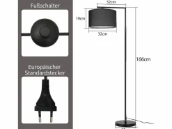 Lámpara de pie de salón negra: tela de diseño moderno Casquillo E27 máx. 40W con interruptor de pie Lámpara de cama de 166 cm sin bombilla.^NETTLIFE Best