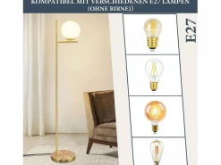 NETTLIFE Lámpara de Pie Industrial Dorada con Interruptor de Pie, Diseño de Metal de Vidrio , Lámpara de Pie Vintage E27, Cable de 2 Metros Blanco New