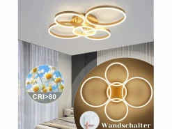Lámpara de techo LED dorada con 2 anillos acrílicos, 46 W, regulable, para salón, moderna, 59 cm, con mando a distancia^NETTLIFE Hot