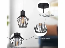 NETTLIFE Lámpara Suspendida|Mesa de comedor suspendida, suspensión negra, soporte E27, 1 llama, metal.