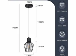 NETTLIFE Lámpara Suspendida|Mesa de comedor suspendida, suspensión negra, soporte E27, 1 llama, metal.