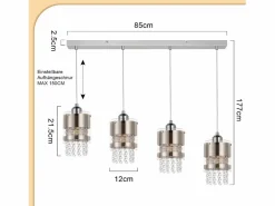 NETTLIFE Lámpara Suspendida|Mesa de comedor suspendida moderna de cristal, con 4 lámparas E27 suspendidas, 150 cm, altura regulable.