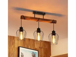 NETTLIFE Plafón 3 focos metal y madera negra Lámpara de salón vintage E27 en madera flameada de diseño industrial regulable en altura sin bombilla Negro Discount