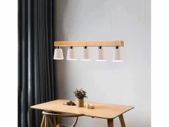 Suspensión 5 bombillas E27 blanca moderna Lámpara de comedor de metal y madera Diam.102cm para cocina salón pasillo hotel^NETTLIFE Discount