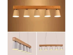 Suspensión 5 bombillas E27 blanca moderna Lámpara de comedor de metal y madera Diam.102cm para cocina salón pasillo hotel^NETTLIFE Discount