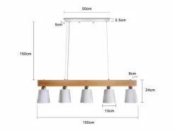Suspensión 5 bombillas E27 blanca moderna Lámpara de comedor de metal y madera Diam.102cm para cocina salón pasillo hotel^NETTLIFE Discount