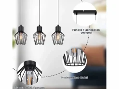 NETTLIFE Suspensión con 3 llamas, suspensión metálica industrial negra, LED E27, metálica. Negro New