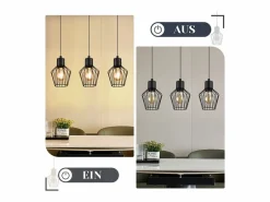 NETTLIFE Suspensión con 3 llamas, suspensión metálica industrial negra, LED E27, metálica. Negro New