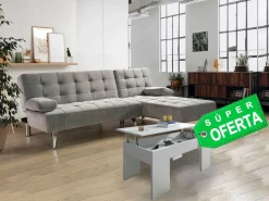 Saldosystocks Sofá Cama|Oferta: Sofa Cama Chaise Longue XS + Mesa de Centro Blanco y Cemento